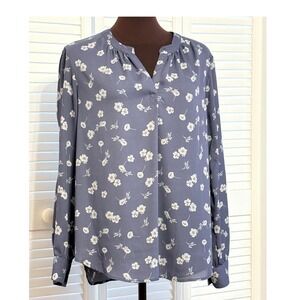 Simply Vera Vera Wang Blue Floral Split Neck Blouse Long Sleeve Top Large